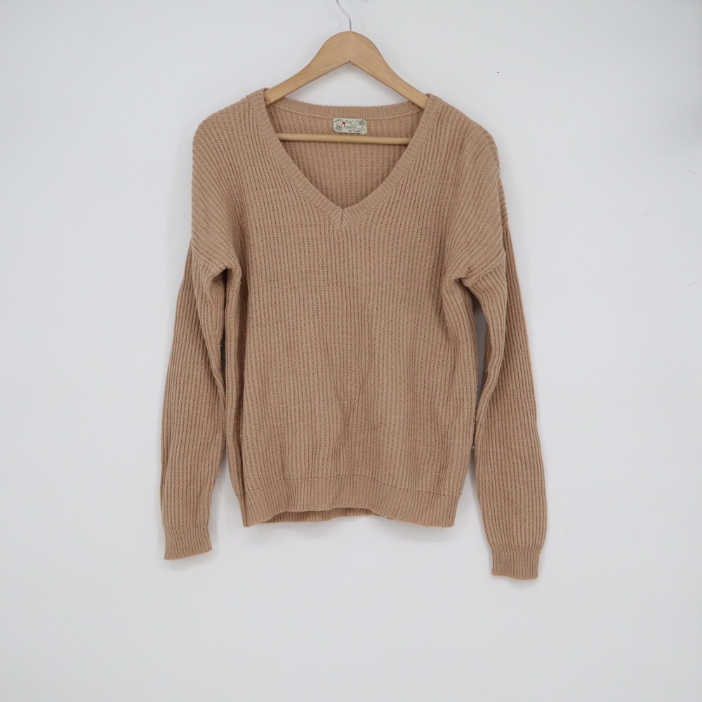 Poof Apparel Womens V-Neck Ribbed Knit Sweater Camel Tan Size M